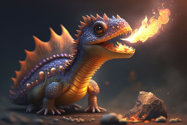 Image of cute blue dragon breathing fire on ground with rocks, using generative ai technology. Dragon and fantasy concept.