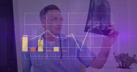Doctor analyzing x-ray with data overlay in modern clinical office