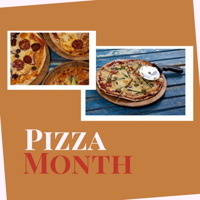 Digital composite showcasing various flavorful pizzas highlighting Pizza Month. Perfect use for marketing, celebration, branding, culinary websites and social media announcements.