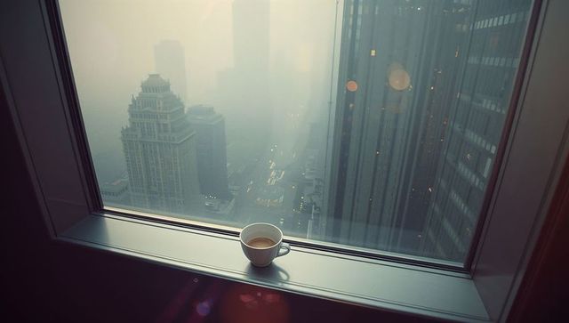 Misty Urban Morning with Coffee on High-Rise Window