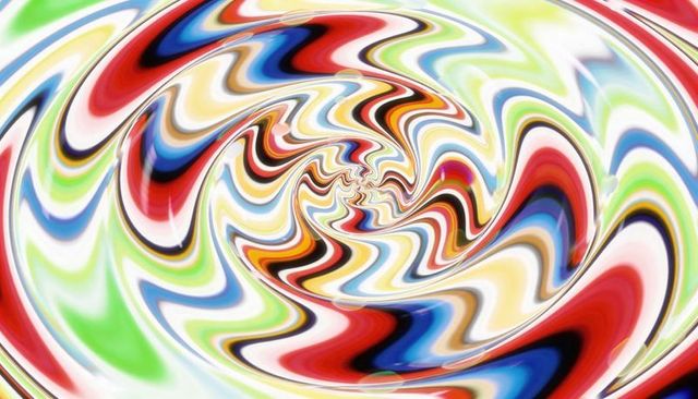 Swirling kaleidoscope spiral with glossy neon bands forming hypnotic colorful vortex