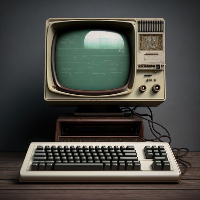 Old computer station with keyboard on grey background, created using generative ai technology. Retro computer and technology concept digitally generated image.
