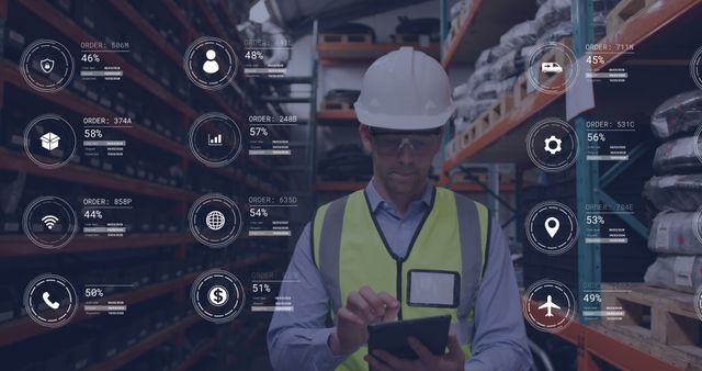 Warehouse Worker Using Tablet With Data Processing Icons for Global Shipping - Download Free Stock Images Pikwizard.com