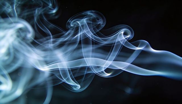 Swirling blue smoke ribbons over dark backdrop with cyan rimlighting and translucent curves