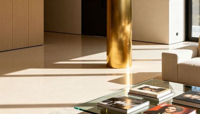 Polished Gold Column Reflecting Sunlight on Cream Tile Floor in Minimalist Luxury Lounge