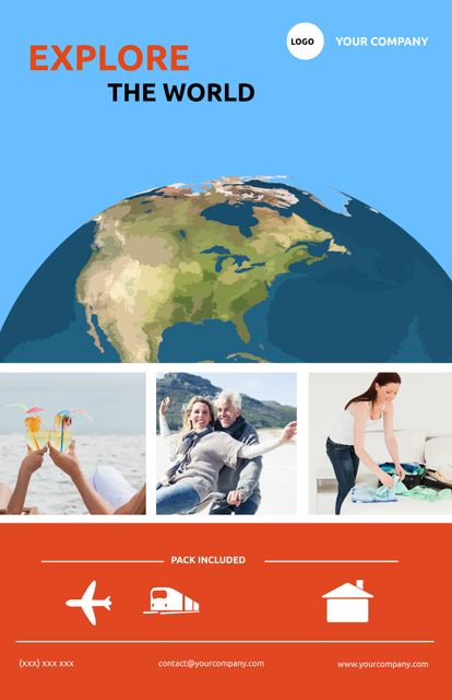 Promoting travel and adventure, the template features a globe and joyful travelers, evoking a sense of wanderlust. Ideal for travel agencies, it can also be used for educational purposes highlighting geography and cultural diversity.
