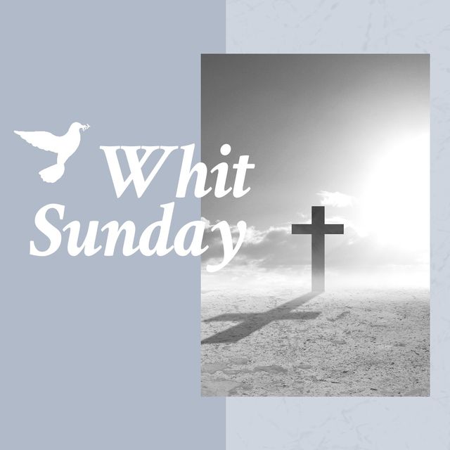 Symbolizing Whit Sunday, this image depicts a dove representing the Holy Spirit next to a Christian cross. Ideal for use in religious event promotions, church bulletins, spiritual newsletters, and devotional materials, this image captures the essence of faith, hope and resurrection, celebrating the notable Christian holiday.