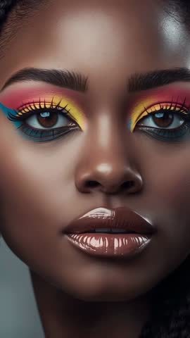 Vertical studio video panning model face showcasing vibrant eyeshadow and glossy lips