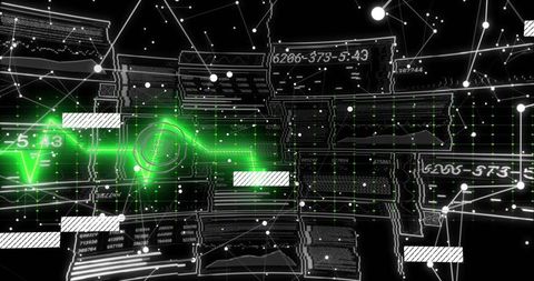 Neon green waveform traversing 3d data dashboard with network nodes and analytics grid