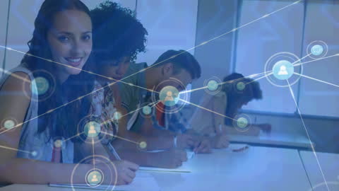 Diverse University Students Engaged in Learning with Digital Network Overlay