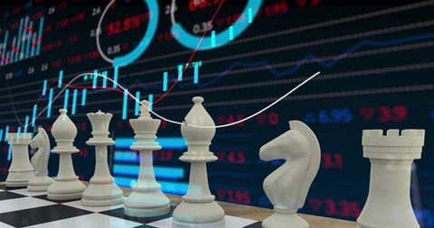 White Chess Pieces and Digital Data Illustrating Strategy and Finance