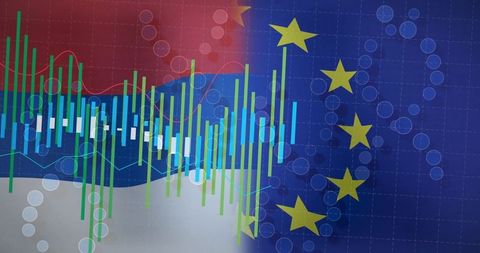 Russia and EU Flags Overlaying Financial Candlestick Chart