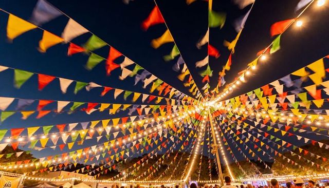 Glowing festival canopy with colorful pennants and string lights over evening fair crowd
