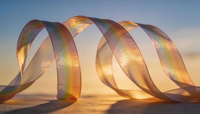 Shimmering iridescent ribbon looping in golden sunset light casting rainbow sheen