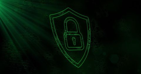 Digital Security Shield with Green Padlock Icon