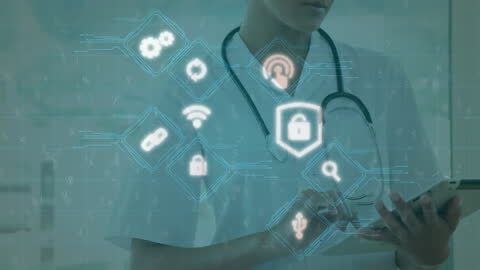 Female Doctor Using Tablet with Cybersecurity Icons Overlay