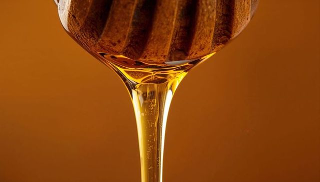 Golden Honey Dripping from Wooden Dipper on Warm Amber Background