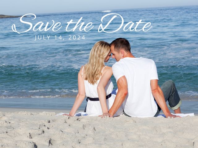 Image shows a young couple sitting closely on a sandy beach overlooking the ocean during a sunny day. Perfect for using in save the date cards, wedding announcements, engagement invitations, and romance-themed promotions.