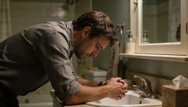 Man Leaning on Bathroom Sink, Gazing into Mirror, Contemplating Quiet Introspective Moment