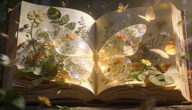 Luminous butterfly emerging from antique botanical book with pop-up wildflowers