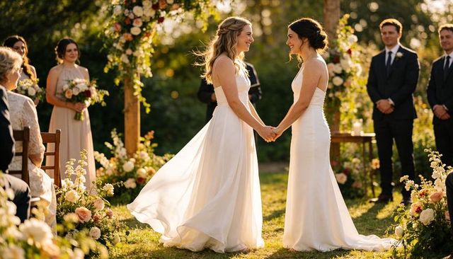 Sunset garden wedding brides holding hands exchanging vows under floral arch