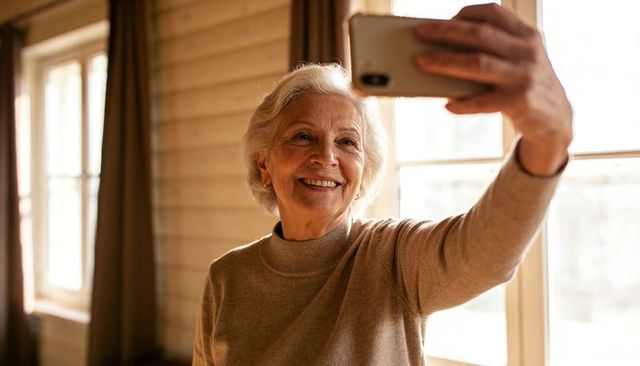 Senior woman taking selfie in sunlit living room wearing tan sweater, smiling naturally
