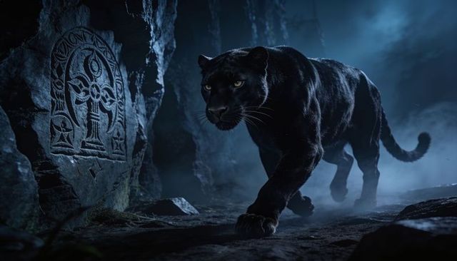 Midnight black panther stalking foggy cavern past ancient carved rune slab