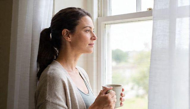 Calm morning ritual woman holding mug gazing out window daylight curtains wearing cardigan