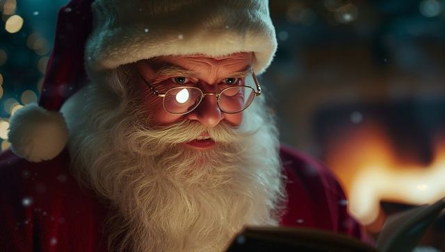 Santa Claus Reading Story by Flickering Fireplace During Holiday Season