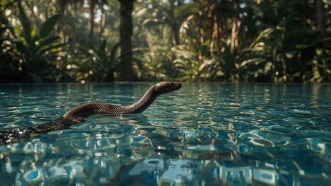King cobra gliding across blue pool amidst tropical foliage