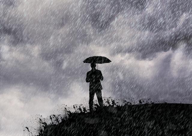 Man standing with umbrella in downpour depicts theme of protection and resilience in difficult times. Suitable for themes of weather, solitude, adversity, dramatic scenes in campaigns or articles.
