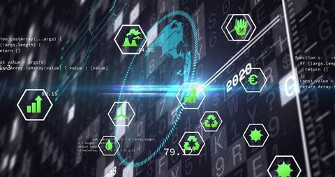 Futuristic Interface with Eco-Friendly Data and Analytics Icons
