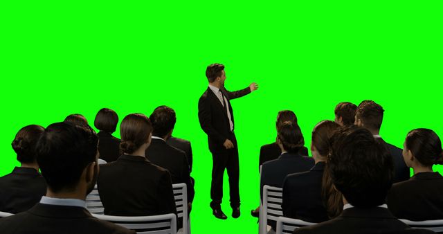 Group of professionals attending a business presentation. Speaker is presenting in front of a green screen background, ideal for mockups and visual effects. This visual can be used for corporate training materials, promotional materials, or instructional videos.