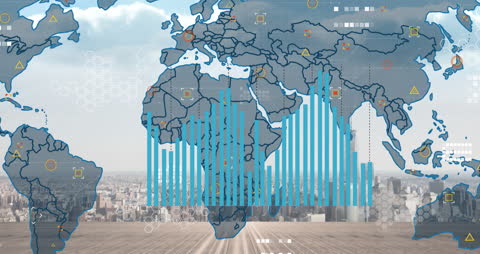 Digital World Map with Financial Graphs over Cityscape