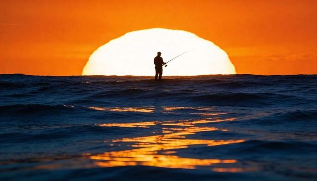 Solitary fisherman casting rod at sunset over ocean with golden water reflection