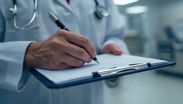 Doctor writing on clipboard in clinical setting