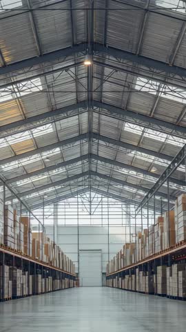Vertical video capturing industrial warehouse aisle with high racking and stacked cartons