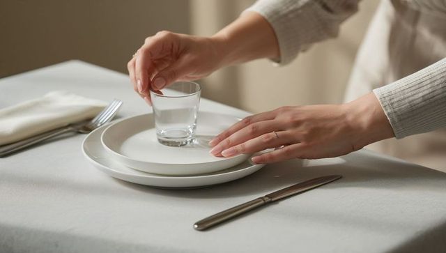 Arranging minimalist tableware with hands placing small glass on stacked white plates