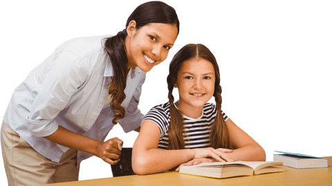 Transparent smiling teacher helping young student at school desk