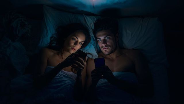 Couple browsing smartphones together in dark bedroom ambiance