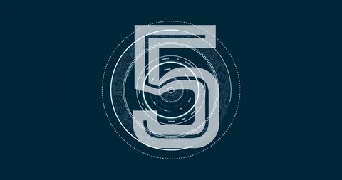 Futuristic numeral 5 tech interface overlay with circular hud and circuit pattern