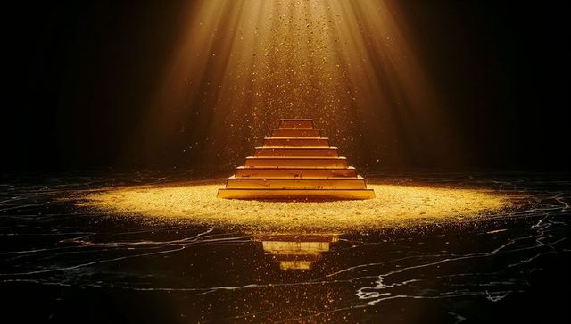 Seven-Tier Golden Pyramid on Glittering Dust with Spotlight and Reflective Marble Floor