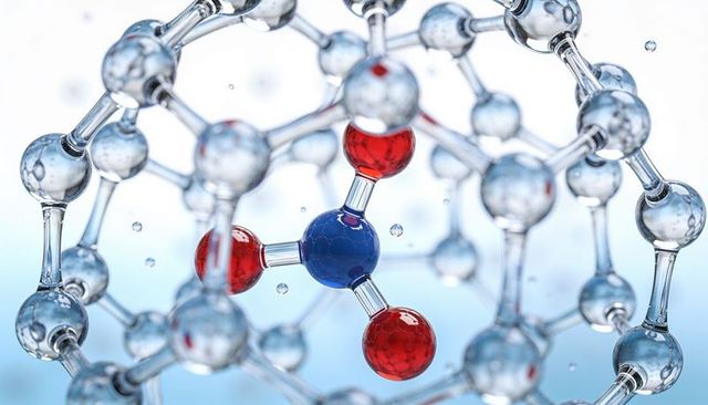 Glassy molecular sphere with central blue atom bonding three red atoms in reflective nanotech lattic