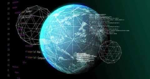 Global cybersecurity network visualizing holographic earth with data streams and code