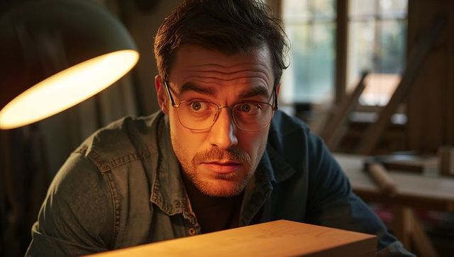 Focused craftsman inspecting wooden plank under warm lamp light, close-up workshop portrait