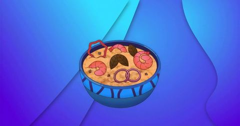 Vibrant Bowl of Shrimp and Rice on Blue Gradient Background