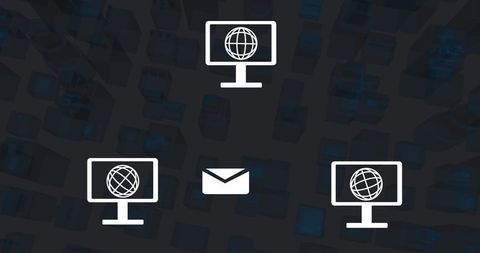 Stylized representation of digital networking with computer icons and a mail symbol. The abstract background evokes cyberspace and the concept of interconnected digital communication. Useful for illustrating concepts in telecommunications, internet technology, or business strategies focused on digital connectivity.