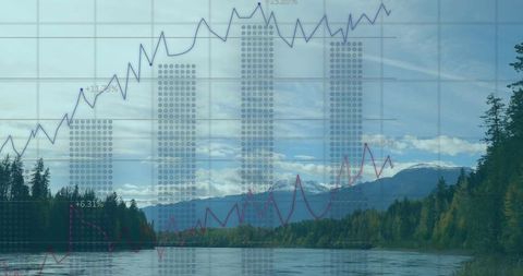 Serene river landscape with financial chart overlay