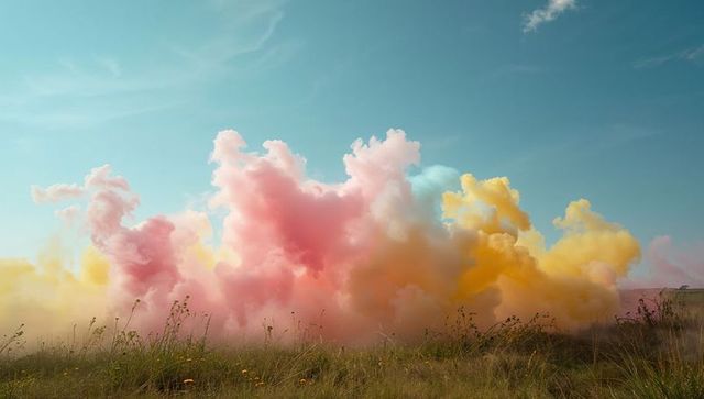 Vibrant Multicolored Smoke Above Rural Meadow