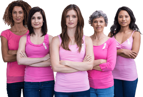Confident Diverse Women in Pink Supporting Breast Cancer Awareness